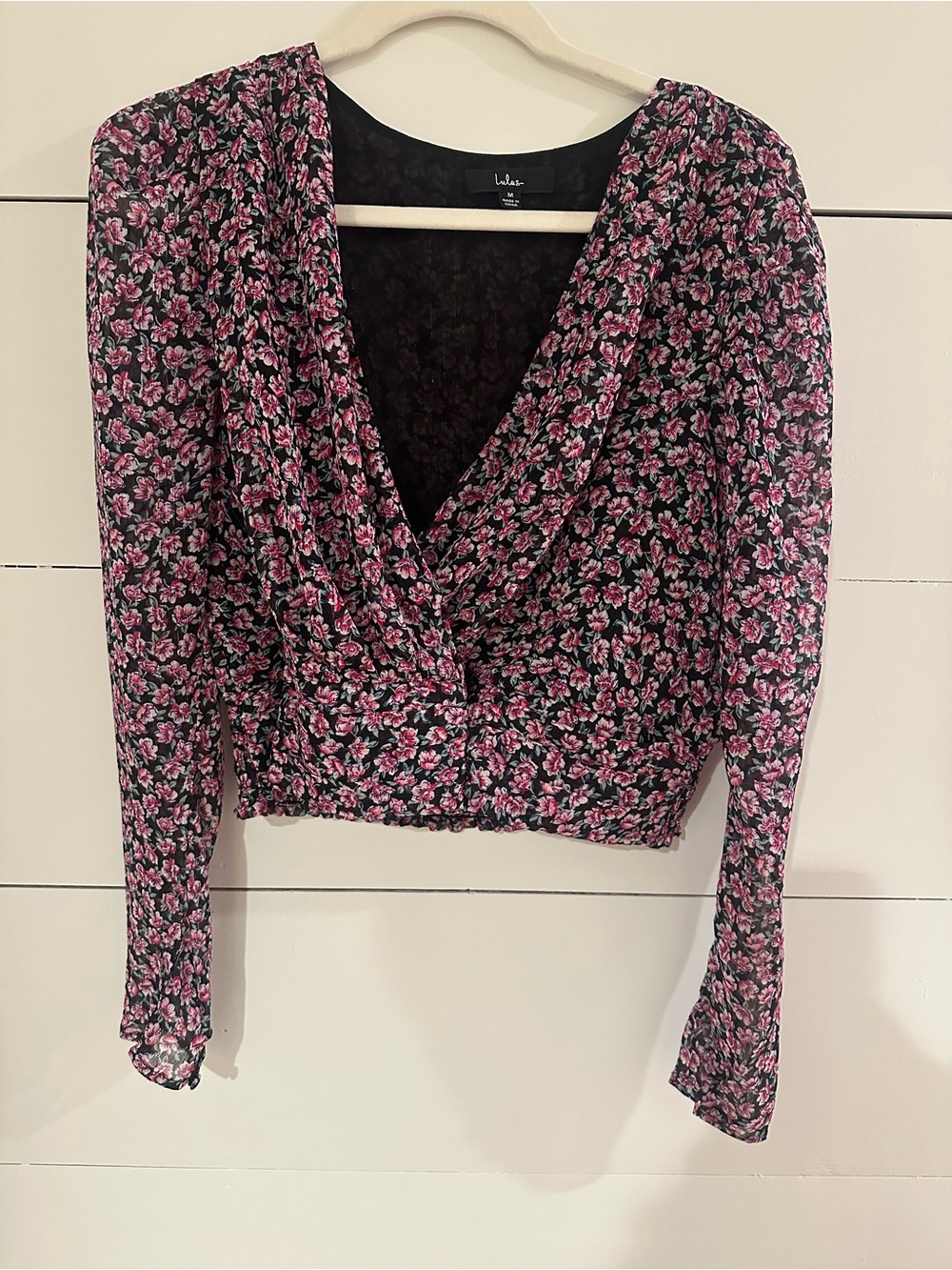 Lulu's Black V-Neck Pink Floral Wrap Blouse